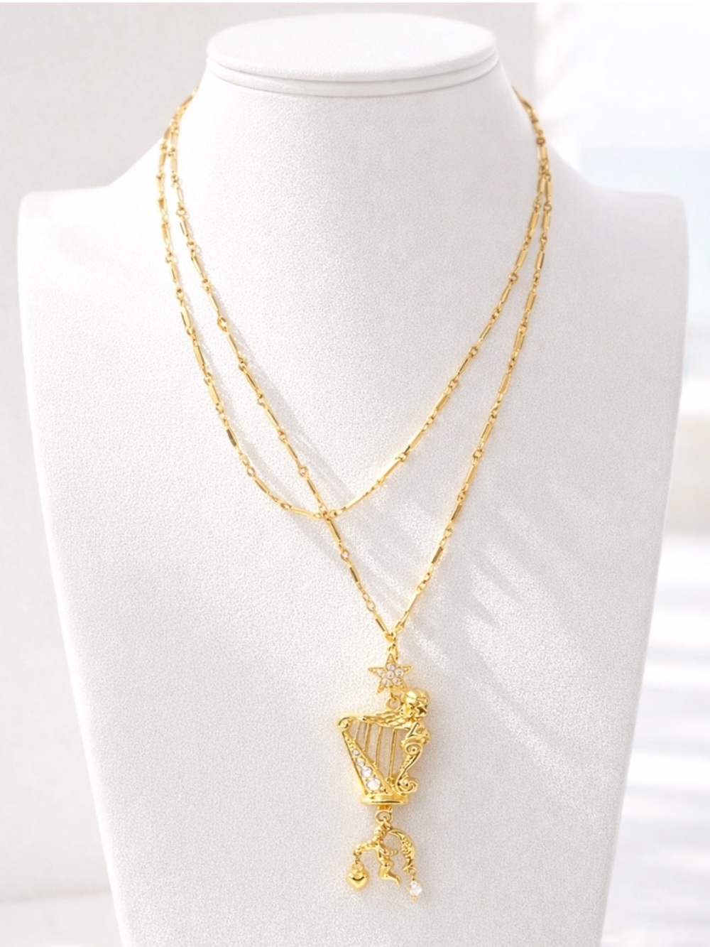 KIRKS FOLLY Vintage Angel Harp Necklace Gold Tone Crystal Celestial 32in Chain